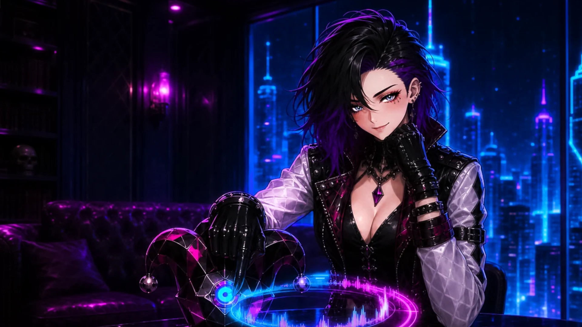 Harlequin at a holographic console