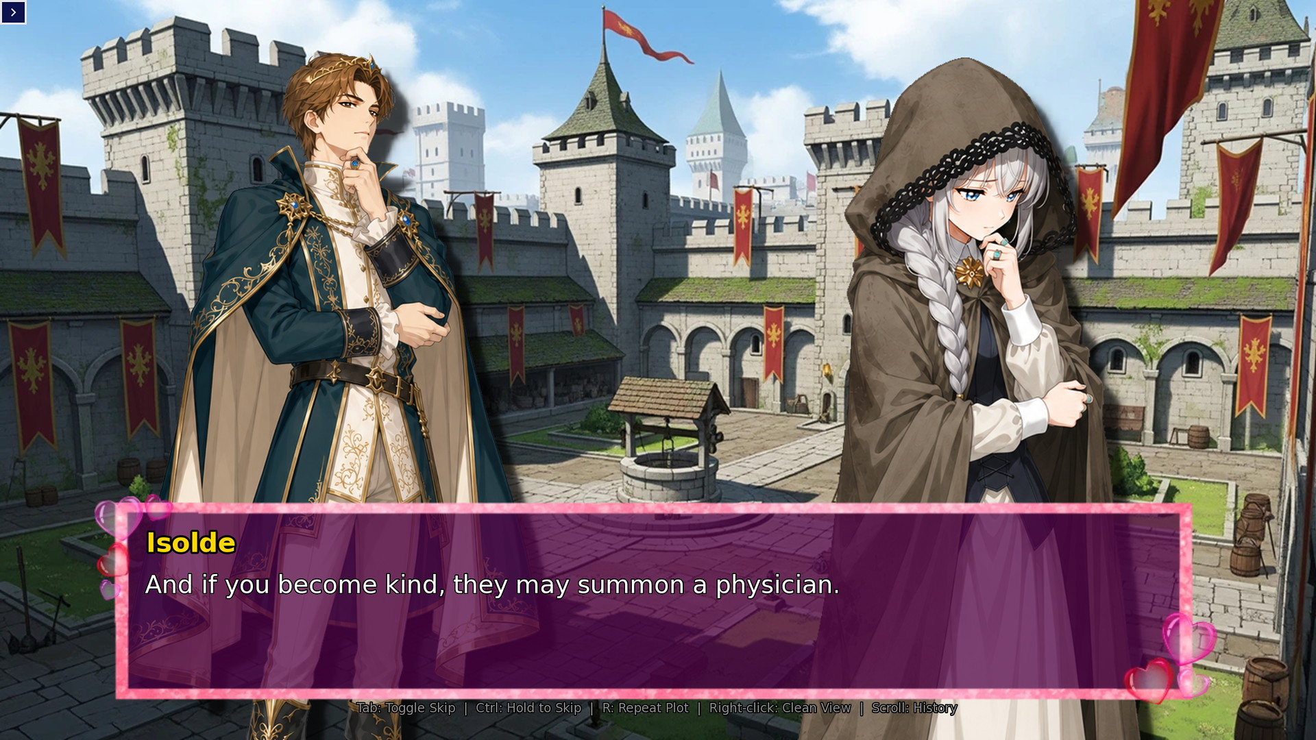 Isolde in a castle courtyard