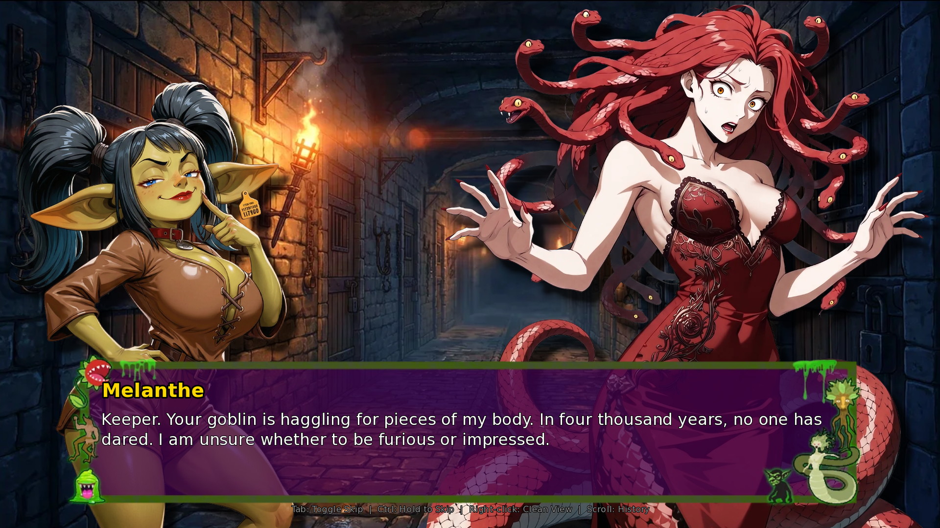 Melanthe speaking in a dungeon