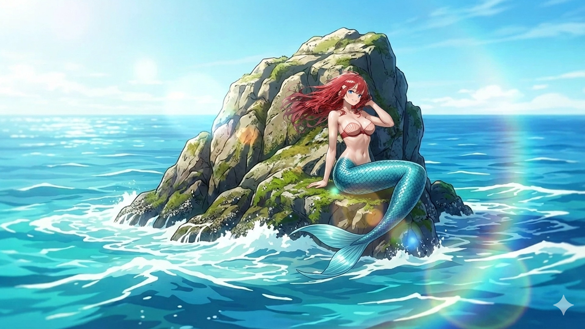 A mermaid on a rocky shore