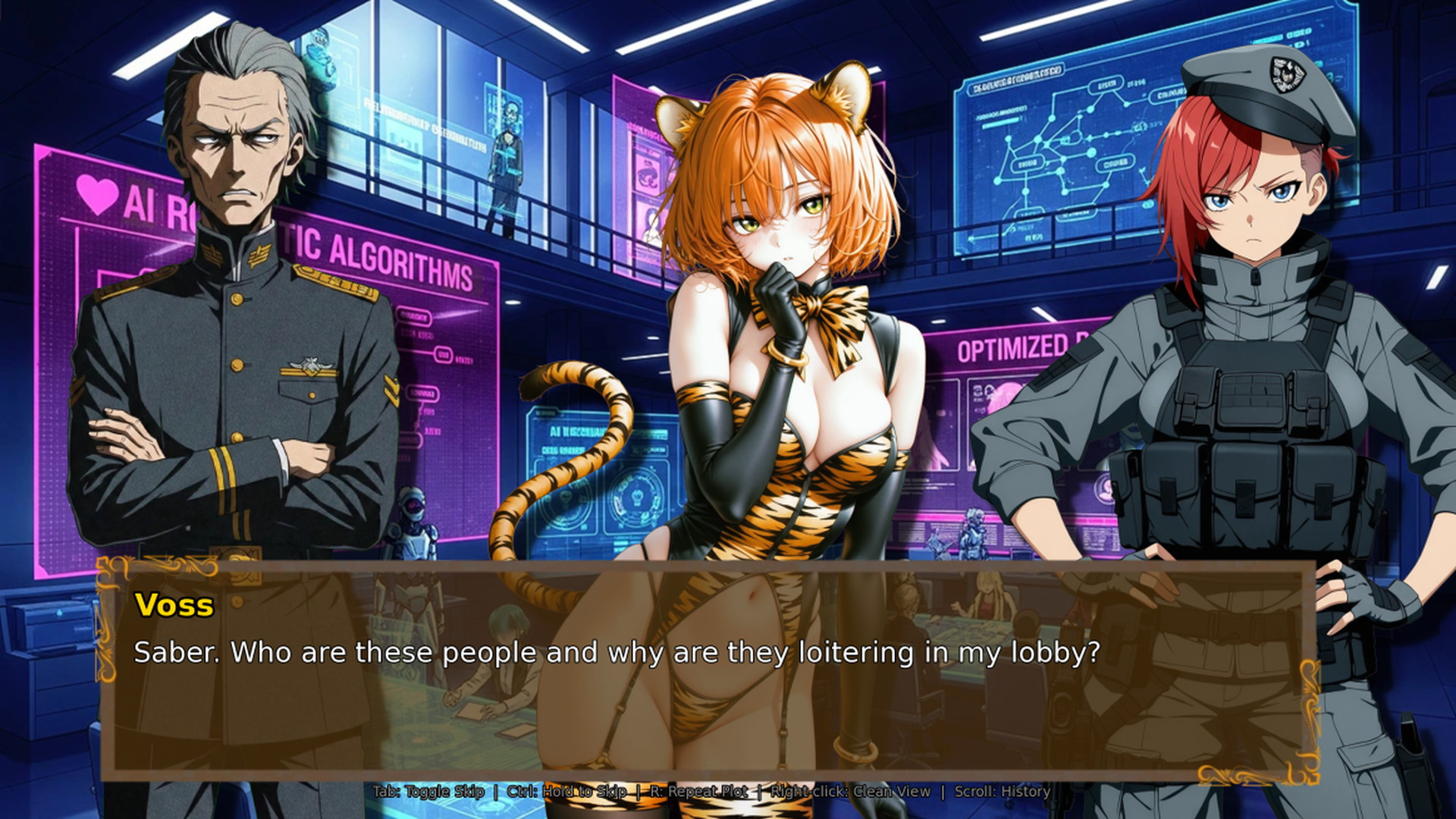 Voss, Kitty, and Saber in an AI lobby